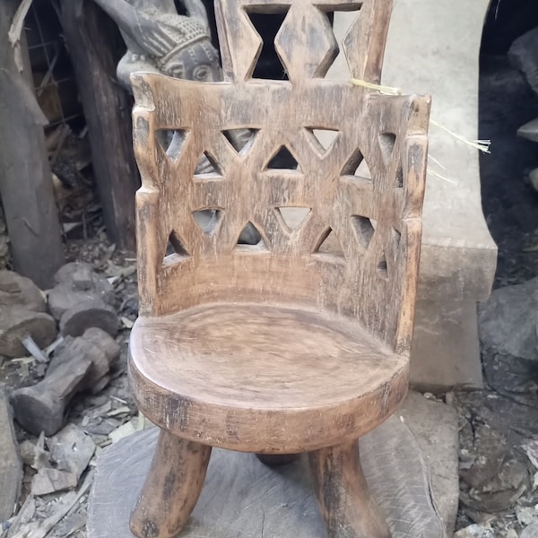 Ethiopian Small Child Stool Baby Doll's Chair Solid Hardwood African Original Home Furniture Handcarved Highback Vintage Design Brown