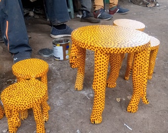 Set of 3 Side Table Stools Plant Stands Original African Hardwood Home Furniture Handcarved Art Cheetah Cat Animal Brown Yellow Kid Nursery