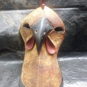 Original Songe Tribe Vintage &quot;Le Coq&quot; Mask DRC Africa Wood Art Carving Rare Antique Large Wall Hanging Art Deco Yellow Orange Red Decoration