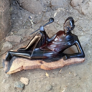 Handcarved Turkana Boy Lying Down Statue Sculpture Kenya Africa Kamba Wood Art Young Man Rungu Pik Ironwood Rosewood / Jacaranda Table Shelf