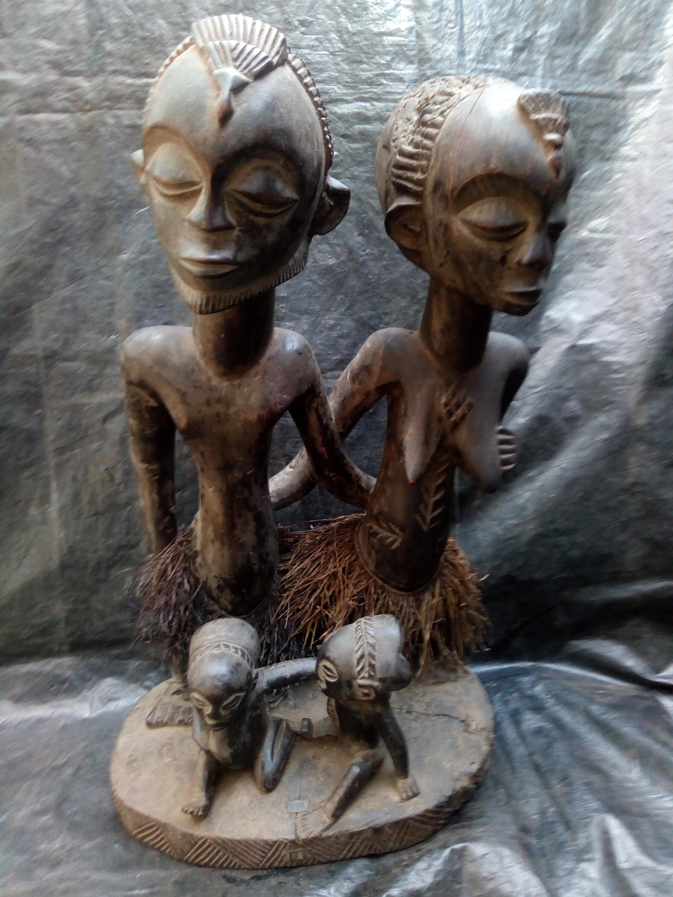 Original Luba Family of 4 Vintage Statue DRC Africa Primitive Wood