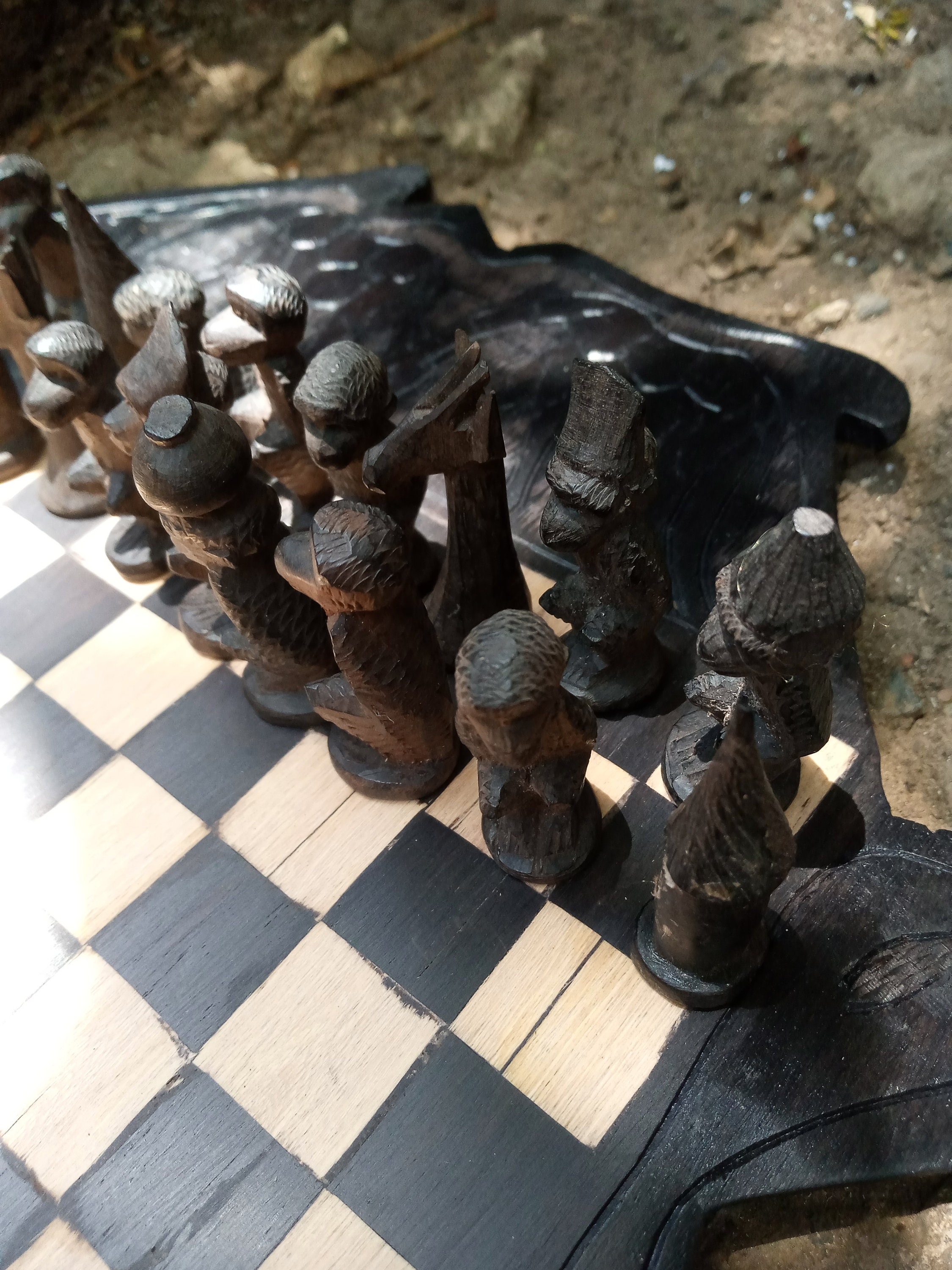 1960s zambia chess carved ebony with stools