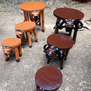 Set of 3 Side Table Stools Plant Stands Original African Hardwood Home Furniture Handcarved Art Lion Wildebeast Animal Brown Orange Nursery