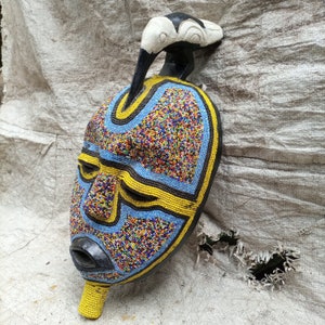 Original Pende Tribe Vintage Tribal Mask Decorative Wall Hanging USED Congo Africa Wood Art Carving Africa Antique Bird Blue Yellow BIG Long