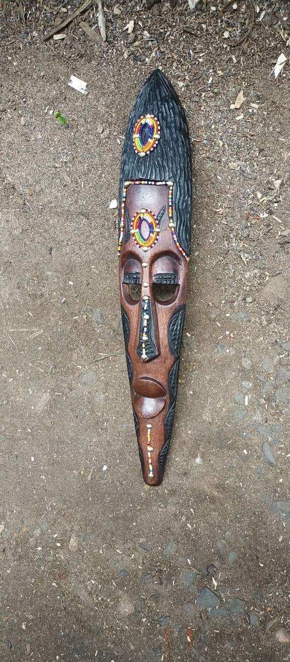 Kamba Tribal Plaque Face Mask Kenya Africa Beads Wood Carving Wall
