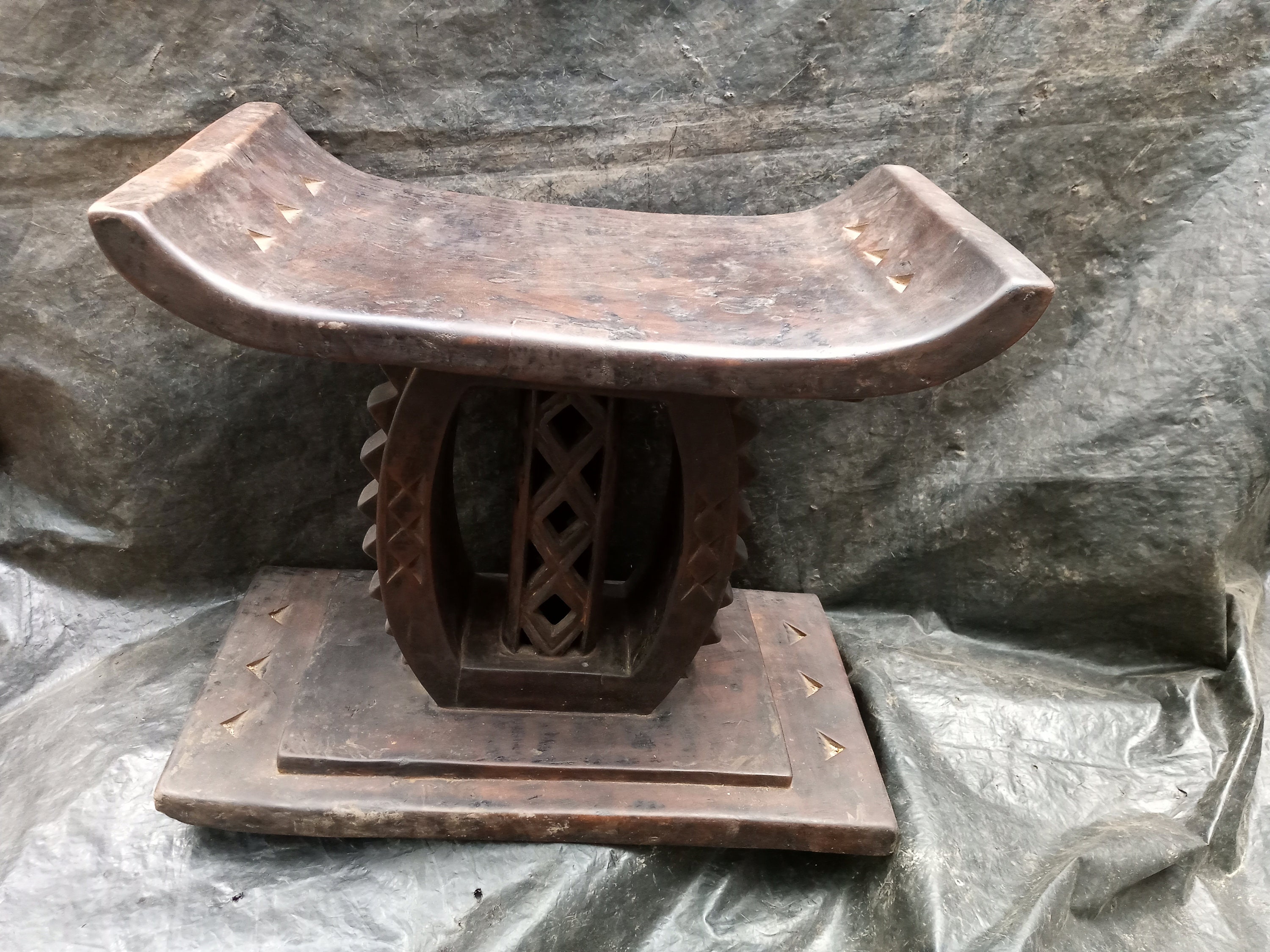 Vintage Ghana Ashanti Stool USED Old Handcarved Solid Hardwood With Inlays Original Rare African Art Home Furniture Floor Shelf USED