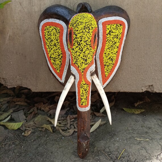 Kamba Tribal Plaque Beaded Elephant Mask Kenya Africa Carving Wall
