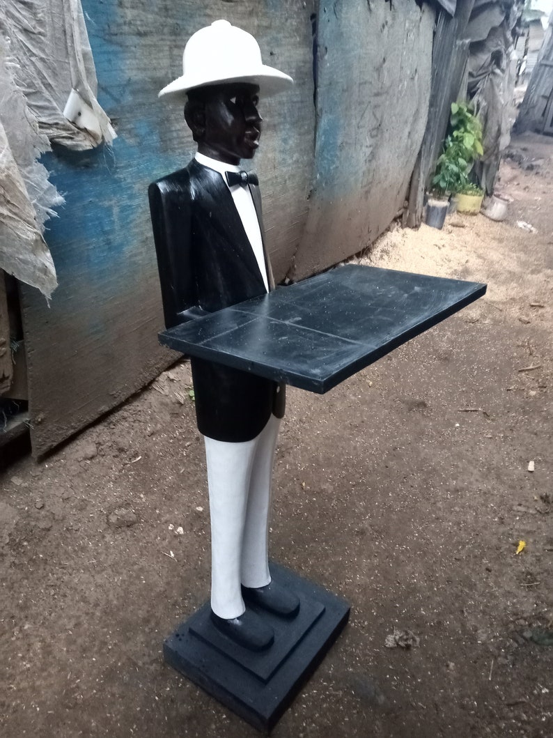 Hand Carved African Sculpture, Cameroonian Garcon Waiter, Hand Painted Jacaranda Wood Statue, African Art Decor, Tribal Figure Statue image 6