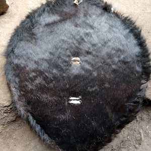 Könnte beinhalten: Ein schwarzer Tierschilder aus Tierhaut mit zwei Reihen Nähten und Lederriemen.