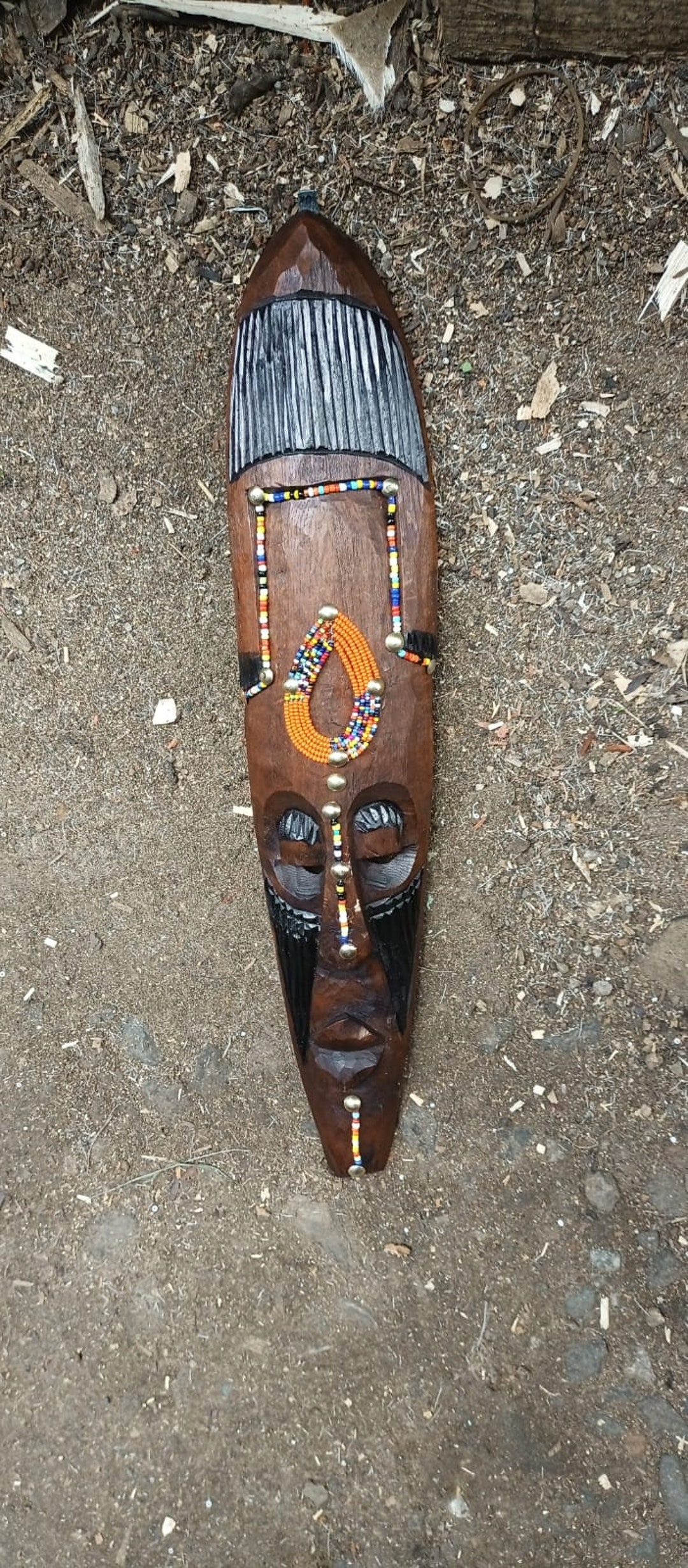 Kamba Tribal Plaque Face Mask Kenya Africa Beads Wood Carving Wall Hanging Original Art Carved