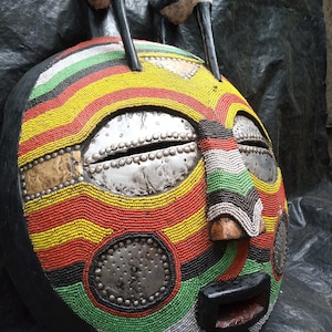 Original Luba Tribe Vintage Yellow Green Red Blue Beads Striped Mask Bird DRC Africa Metal Wood Carving Antique Wall Hanging Art Decoration