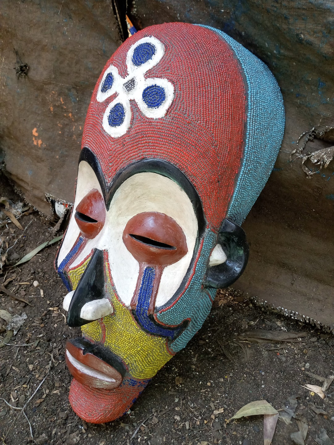 オリジナルコンゴチョクウェ族ヴィンテージマスクレッドホワイトブルー