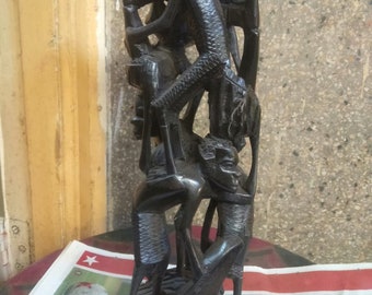 Estatua tribal original de la familia Makonde tallada a mano, 1 pieza, escultura de madera negra, Tanzania, África, arte moderno, estante de piso, decoración, grupo, personas, comunidad