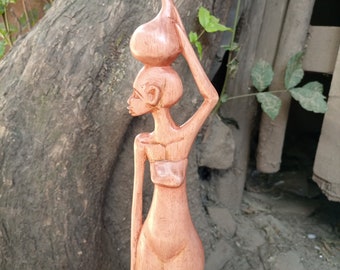 Original Solid Eucalyptus Wood African Woman & Gourd Sculpture Kenya Africa Kamba Tribe Handcarved Table Shelf Floor Sculpture Art Object