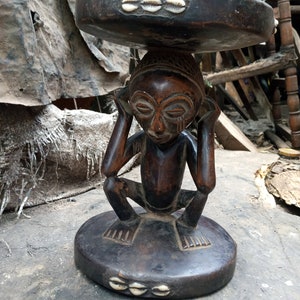 Large DRC Chokwe Tribe Stool Chair Cowry Shells 1-Piece Hardwood African Original Home Furniture Handcarved Vintage Design &quot;Thinking Man&quot;