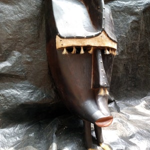 Functional Kwele Tribe Tribal Mask Gabon West Africa Wood Art Carving Shelf Table Wall Decoration Metal Hair Vintage Large Brown White USED