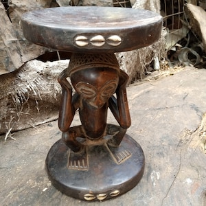 DRC Chokwe Tribe Stool Chair Cowry Shells Solid 1-Piece Hardwood African Original Home Furniture Handcarved Vintage Design &quot;Thinking Man&quot;