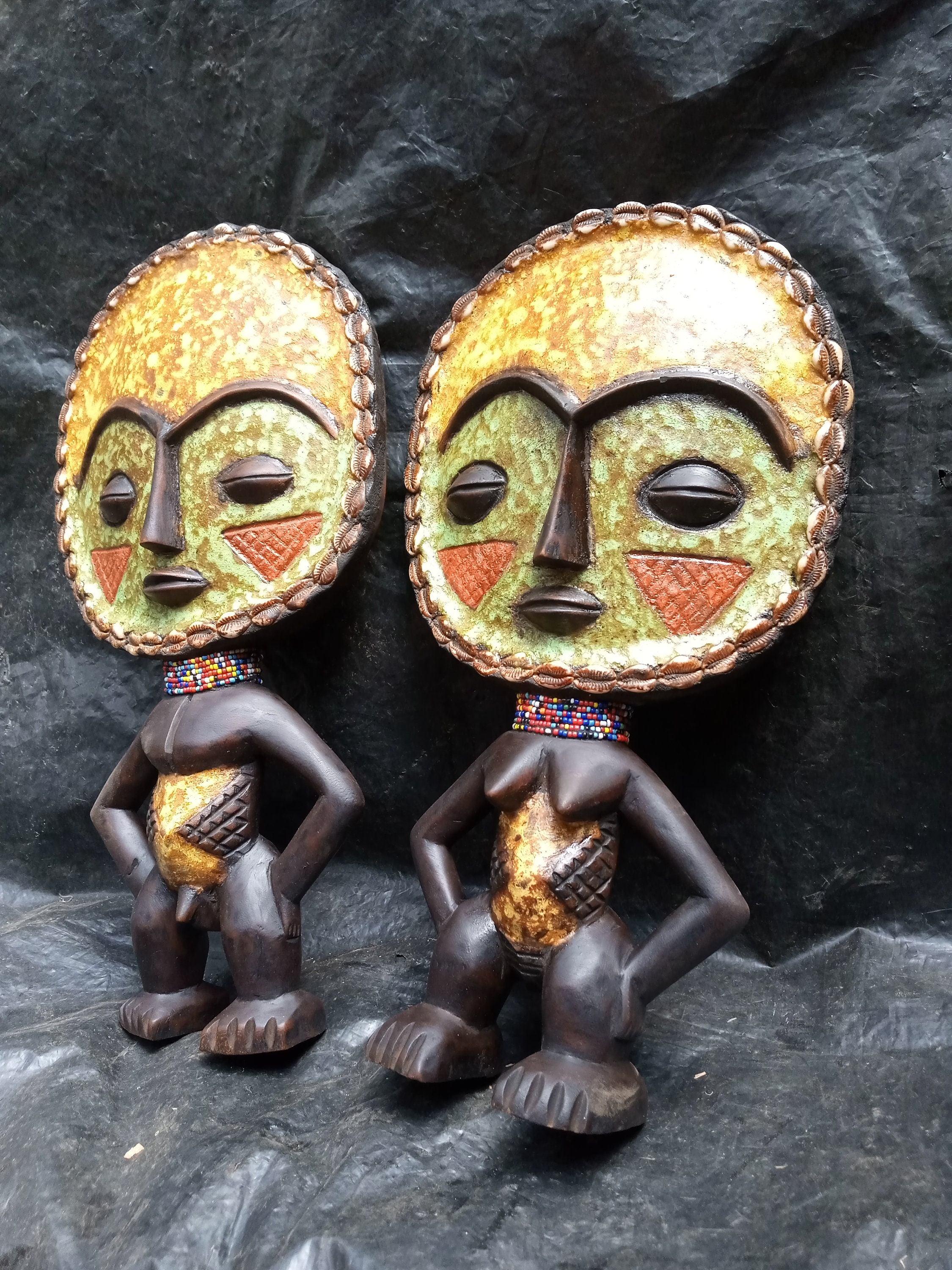 Yellow Original Ghana Ashanti Fertility Dolls Husband Wife African