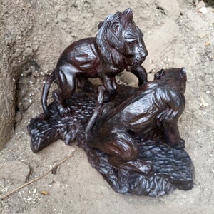 Lion & Lionness Original Kamba Table Art Kenya Africa Sculpture Cat Blackwood Statue Shelf Table Home Office Deco Ironwood Rosewood Animals