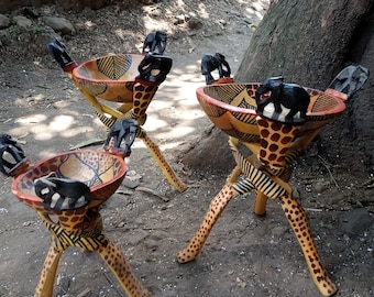 ヴィンテージ　アフリカ　ケニア　オブジェ　【A】 Vintage African Large Carved Wood Figurines Foldable Stand