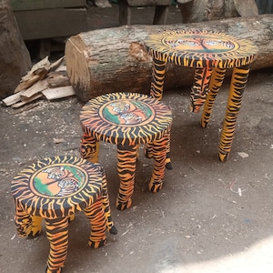 Set of 3 Side Table Stools Plant Stands Original African Hardwood Home Furniture Handcarved Art Tiger Cat Animal Black Orange Kids Nursery