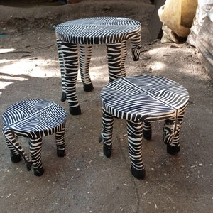 Set of 3 Side Table Stools Plant Stands Original African Hardwood Home Furniture Handcarved Art Zebra Animal Black White Giraffe Yellow Brn