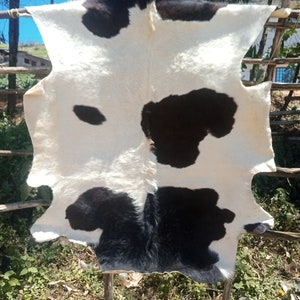 May include: A white cowhide with black patches, hanging on a wooden frame. The hide is soft and supple, with a natural, rustic look.