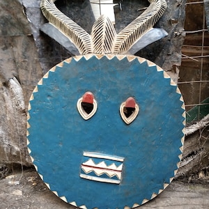 Original Bambara Tribe Tribal Mask DRC Africa Wood Art Carving Shelf Table Wall Large Decoration Vintage Bright Blue Red White USED RARE