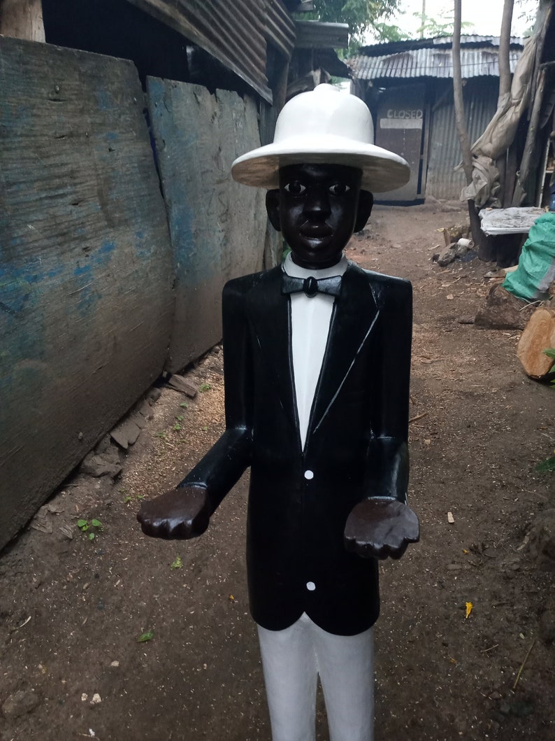 Hand Carved African Sculpture, Cameroonian Garcon Waiter, Hand Painted Jacaranda Wood Statue, African Art Decor, Tribal Figure Statue image 4