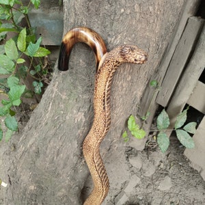 Op de afbeelding: Een houten wandelstok gesneden om op een slang te lijken met een gedetailleerd, getextureerd oppervlak. De stok is bruin en heeft een donkerbruine handgreep.