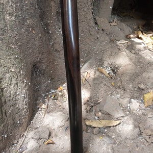 May include: A close-up of a dark brown wooden walking stick with a smooth, polished finish.