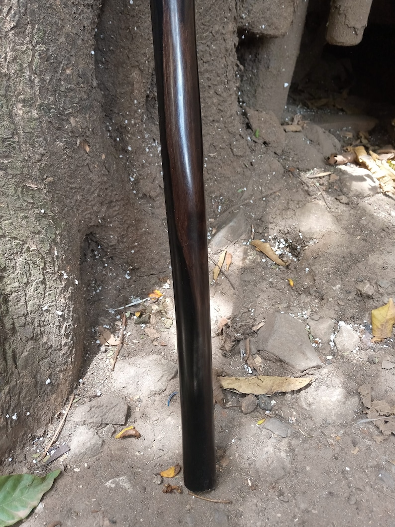May include: A close-up of a dark brown wooden walking stick with a smooth, polished finish.