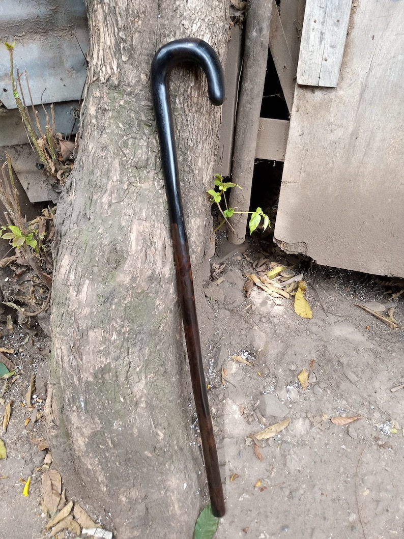May include: A wooden walking stick with a black, curved handle. The stick is brown and has a natural wood finish.