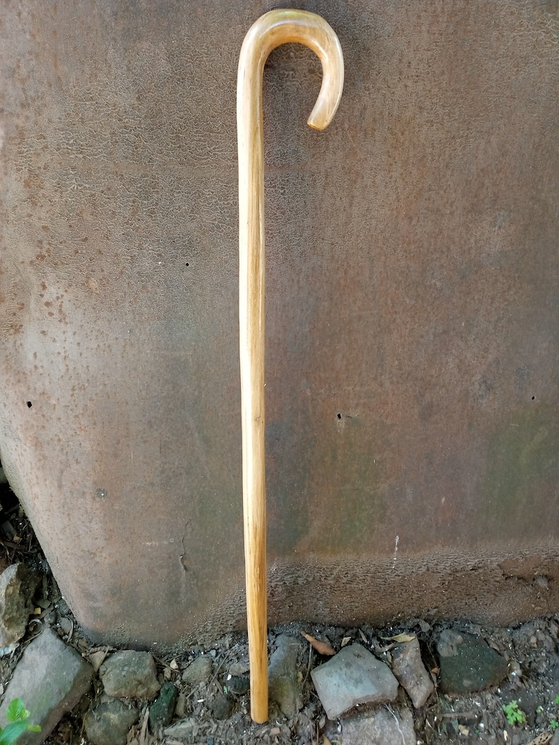 May include: A wooden walking stick with a curved handle. The stick is light brown in color and has a smooth finish.