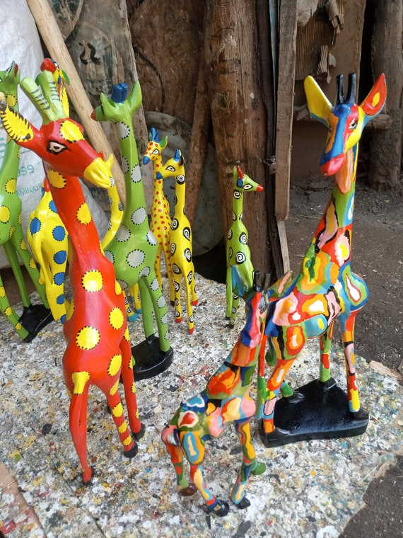 Jacaranda Wood Giraffe Multicolor Original Kamba Painted Tribal