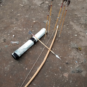 Bow Arrows Quiver Archery Set Fully Functional Kamba Tribe Original Kenya Africa Wood Steel Bamboo Sisel Hunting Animal Game Wall Decorate