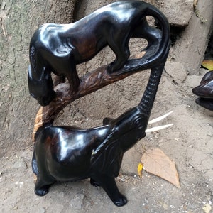 Blackwood Leopard Above Elephant Original Shelf Table Floor Art Kenya Africa Sculpture Statue Home Room Decoration High Polish Kamba Tribe