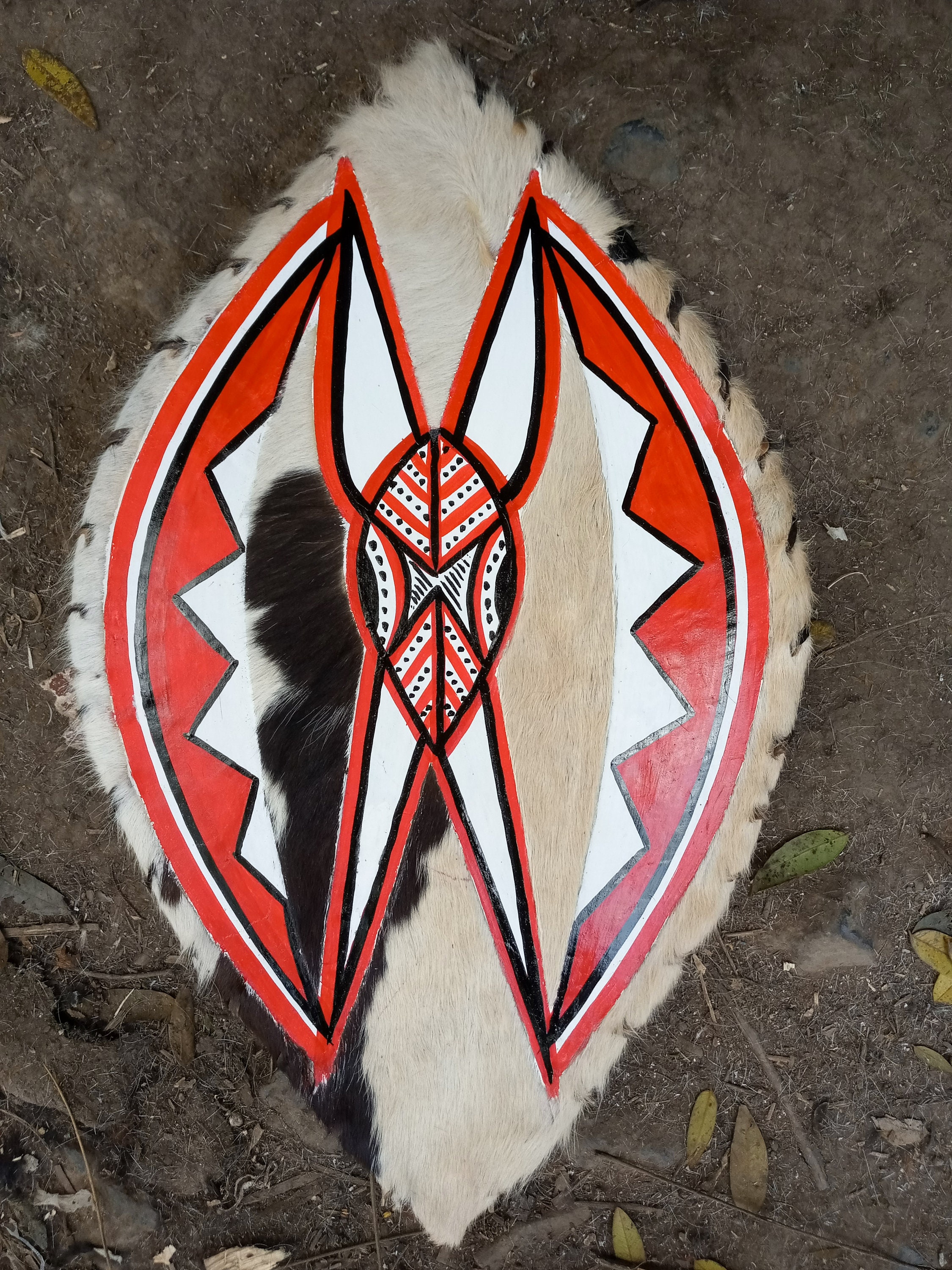 Original Warriors Zulu Shield Red & White Black Fully-Functional Painted Cowhide Leather Vintage Design Kenya Africa Wall Hanging 1960s Art