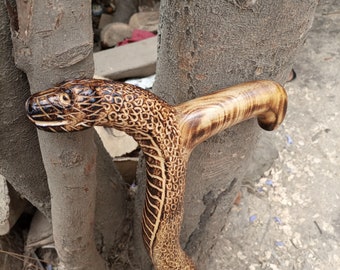 May include: A wooden walking stick carved in the shape of a snake. The snake's head is at the top of the stick and the body is carved with scales. The stick is brown and has a natural wood finish.