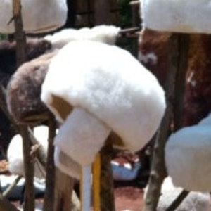 May include: A collection of white fur hats with a brown leather band. The hats are displayed on wooden sticks.