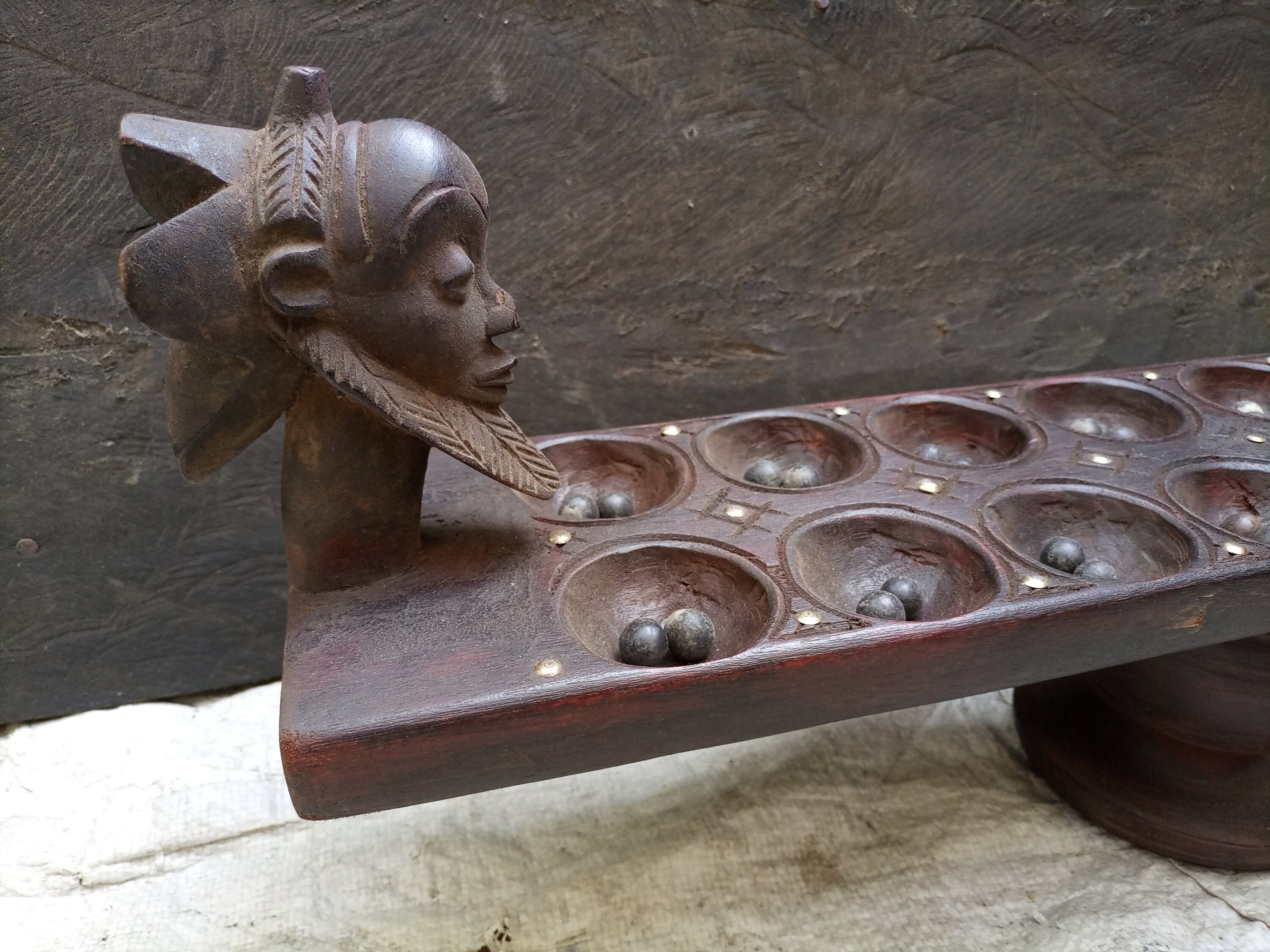 アンティーク　バオゲーム盤　bao game アフリカ Original Wood Bao Game Set With Carved Faces Luba Tribe DRC