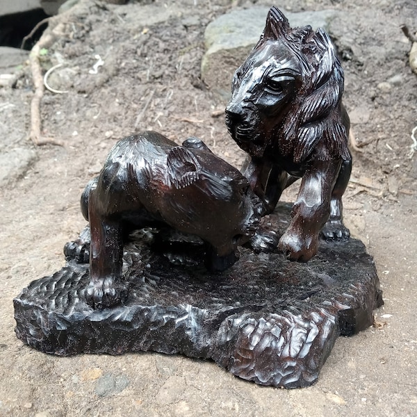 Blackwood /Rosewood "Couple Lions" Original Kamba Coffee Table Art Kenya Africa Sculpture Cat Statue Shelf Floor Deco High Polish Original