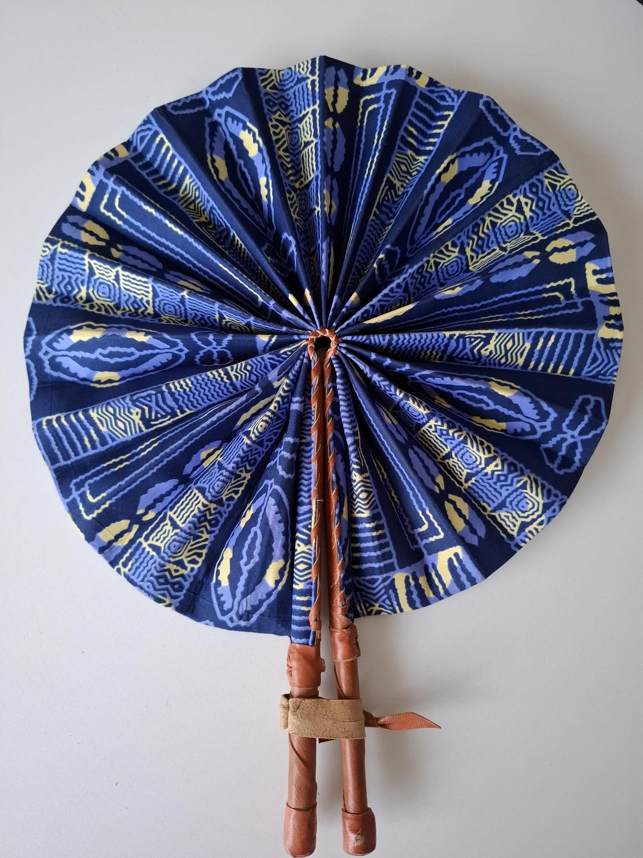 Personal Fan Handmade Africa Cloth Wood Leather Purse Pocket Unisex Events Office Portable Multicolor Each Is Unique Men Women Gift Travel