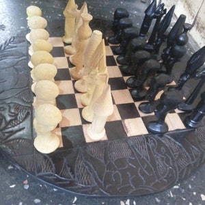 Solid Black Wood Chess Set Game Carved Pieces Makonde Tanzania Africa Art Functional Decorative Round Natural Dark Wood Etched Animals