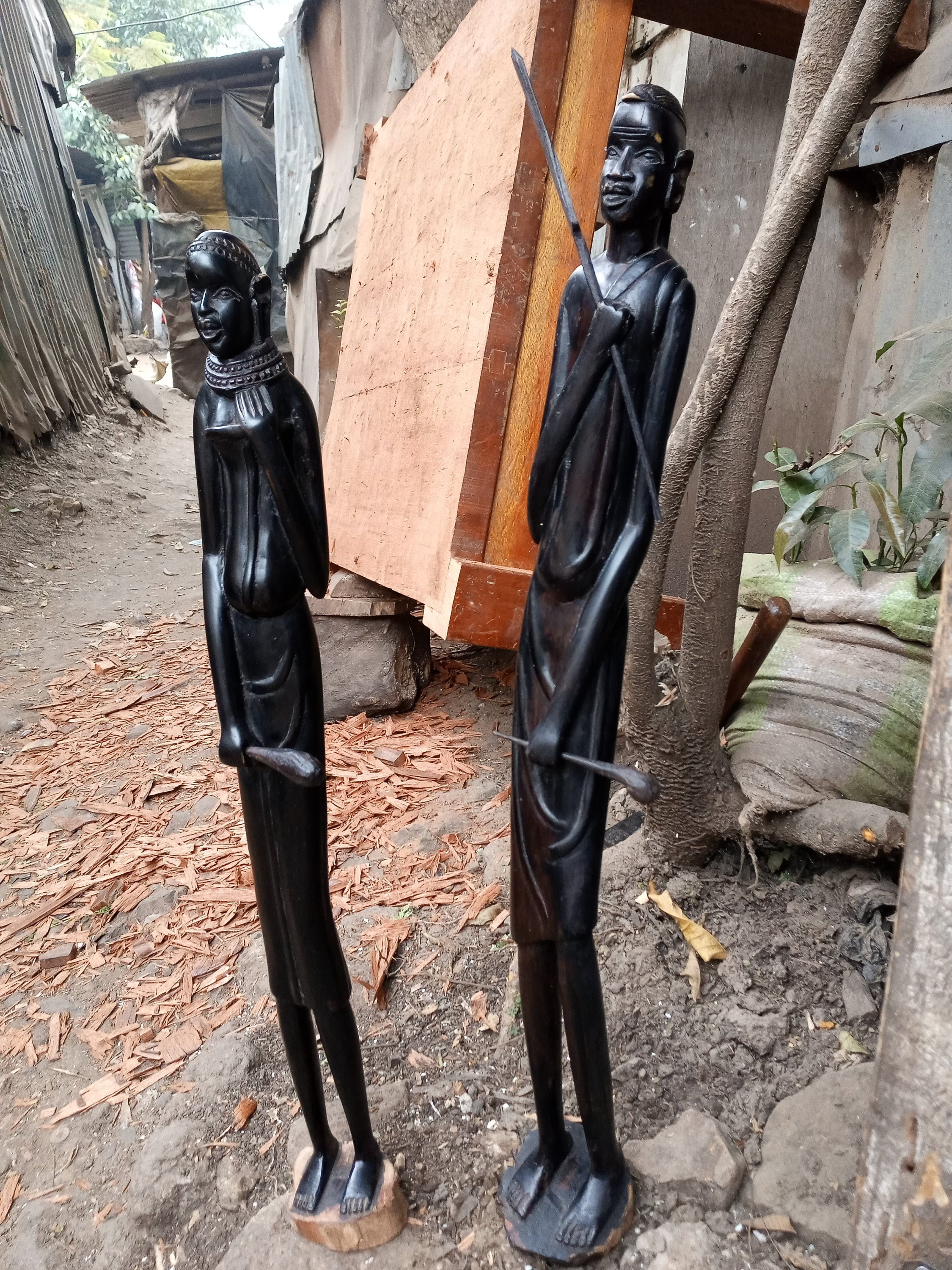 Blackwood Maasai Husband & Wife 2PCS Original Kamba Art Kenya Africa Floor Sculpture Statue Living Room Entryway Hallway Decoration Large