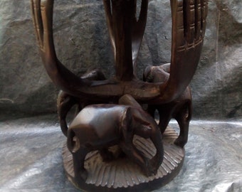 Cameroon Pygmie Tribe Stool Side Table Solid 1-Piece Hardwood African Original Home Furniture Handcarved "Hands & Elephants"