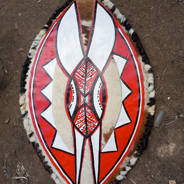 Original Zulu Warriors Shield Fully-Functional Black Brown Red White Cowhide Leather Handmade Kenya Africa Large Decorative Wall Ornament