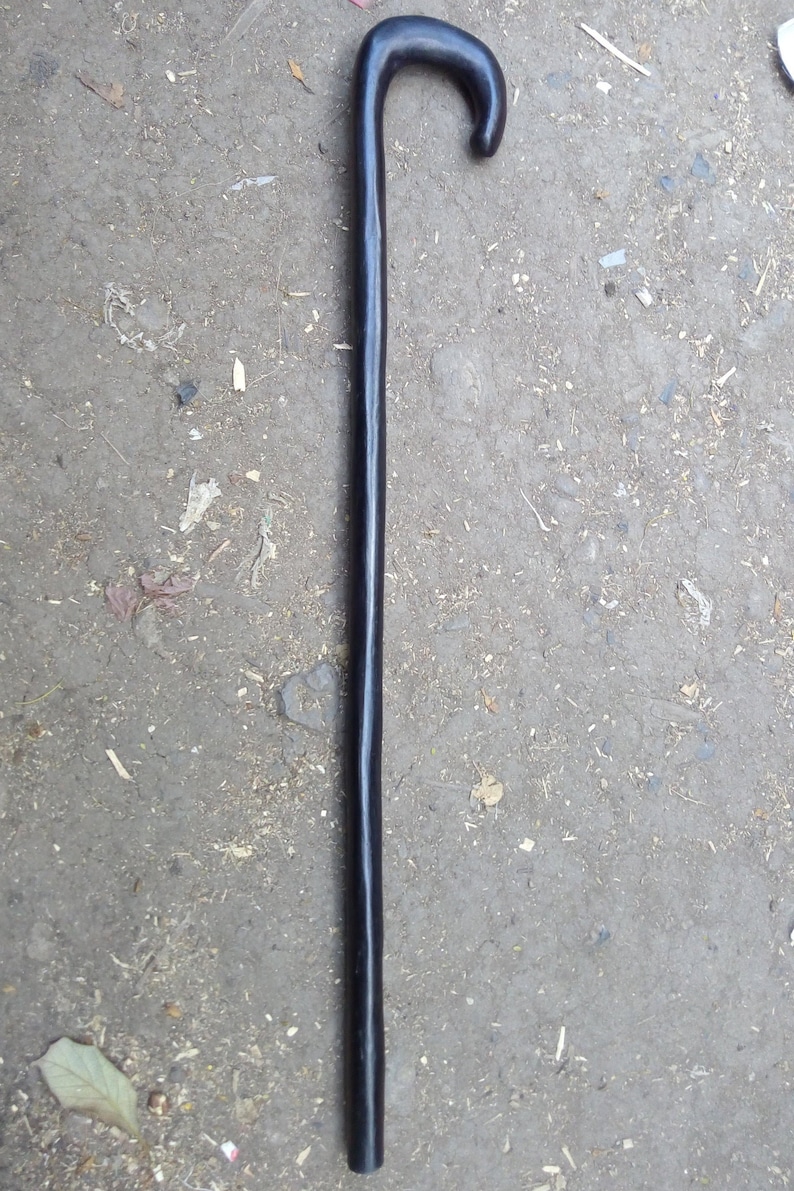 May include: A black wooden walking stick with a curved handle.