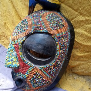 Original Luba Tribe Vintage Orange Green Red Rainbow Beads Blue Bird Round Mask DRC Africa Wood Carving Antique Wall Hanging Art Decoration