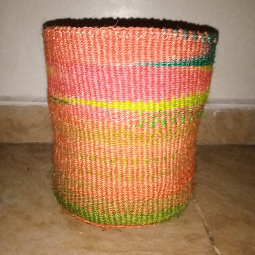 African Plant Holder Office Trash Basket Cover Functional Multicolor fashion Sisal Handwoven Kenya Kamba Art Deco Kitchen Bath DIning Office Nursery